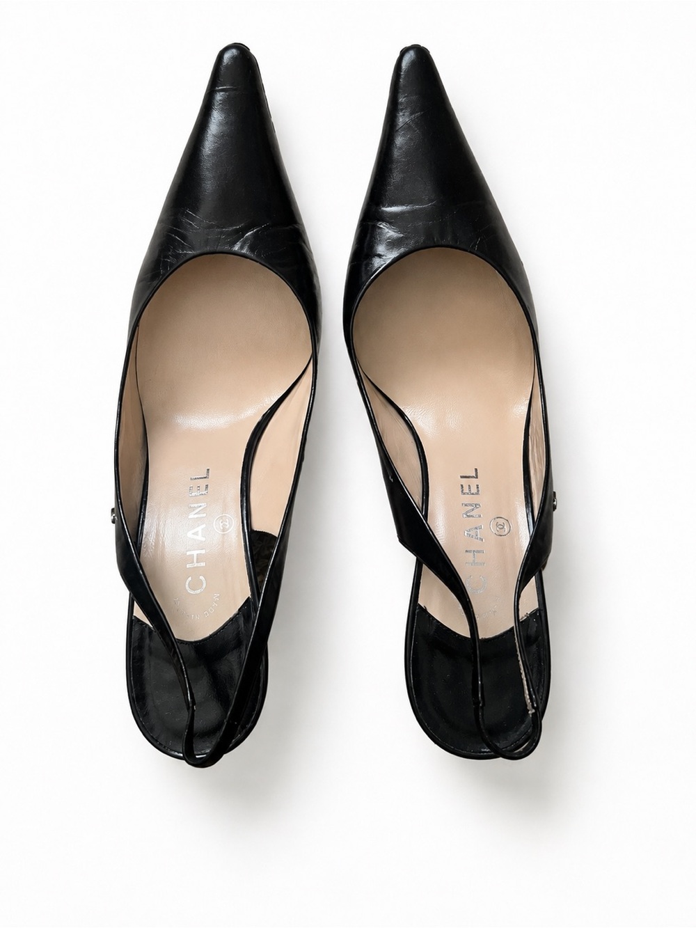 CHANEL Black Leather Pointed Slingback Pumps